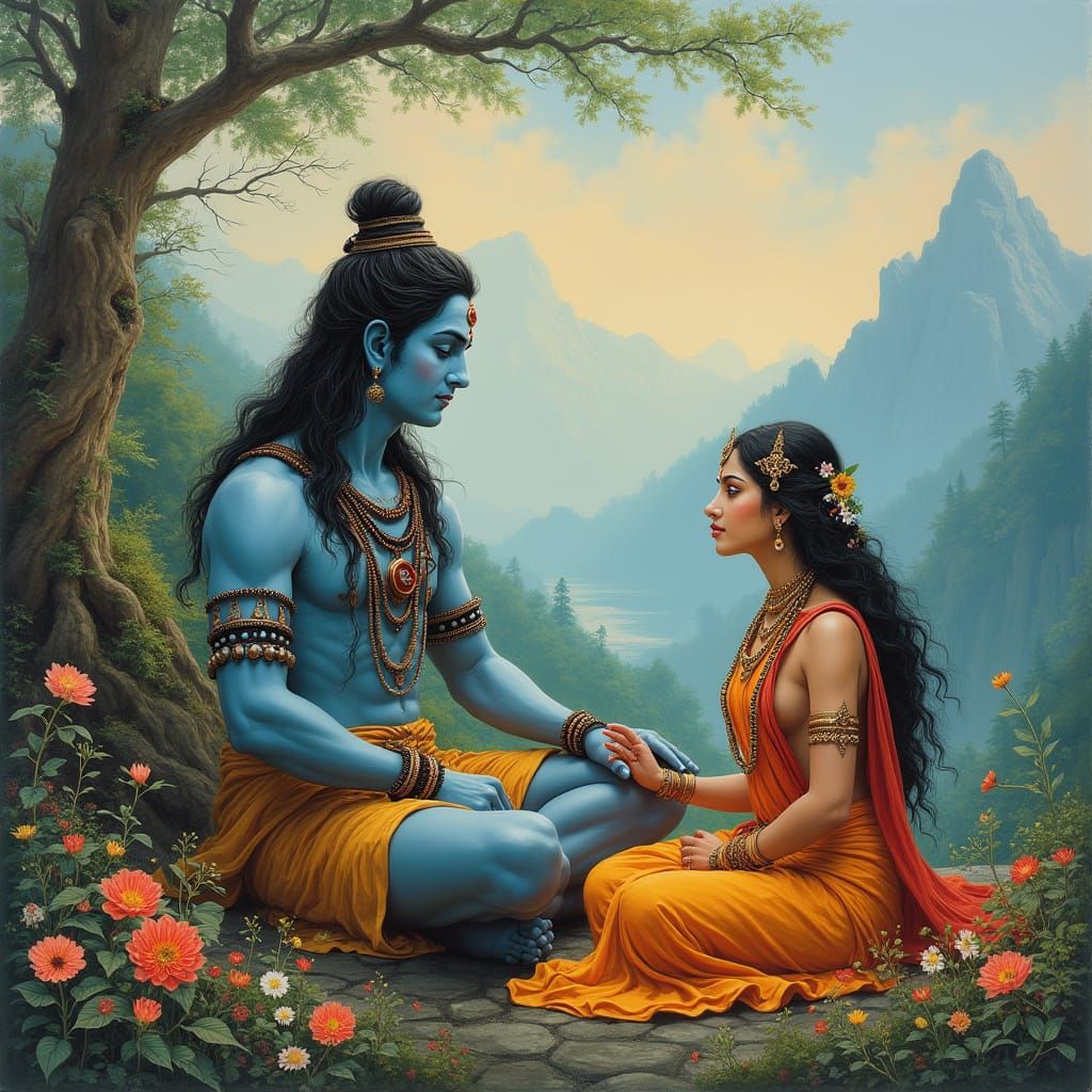 Lord Shiva and Goddess Parvati in Serene Himalayan Landscape