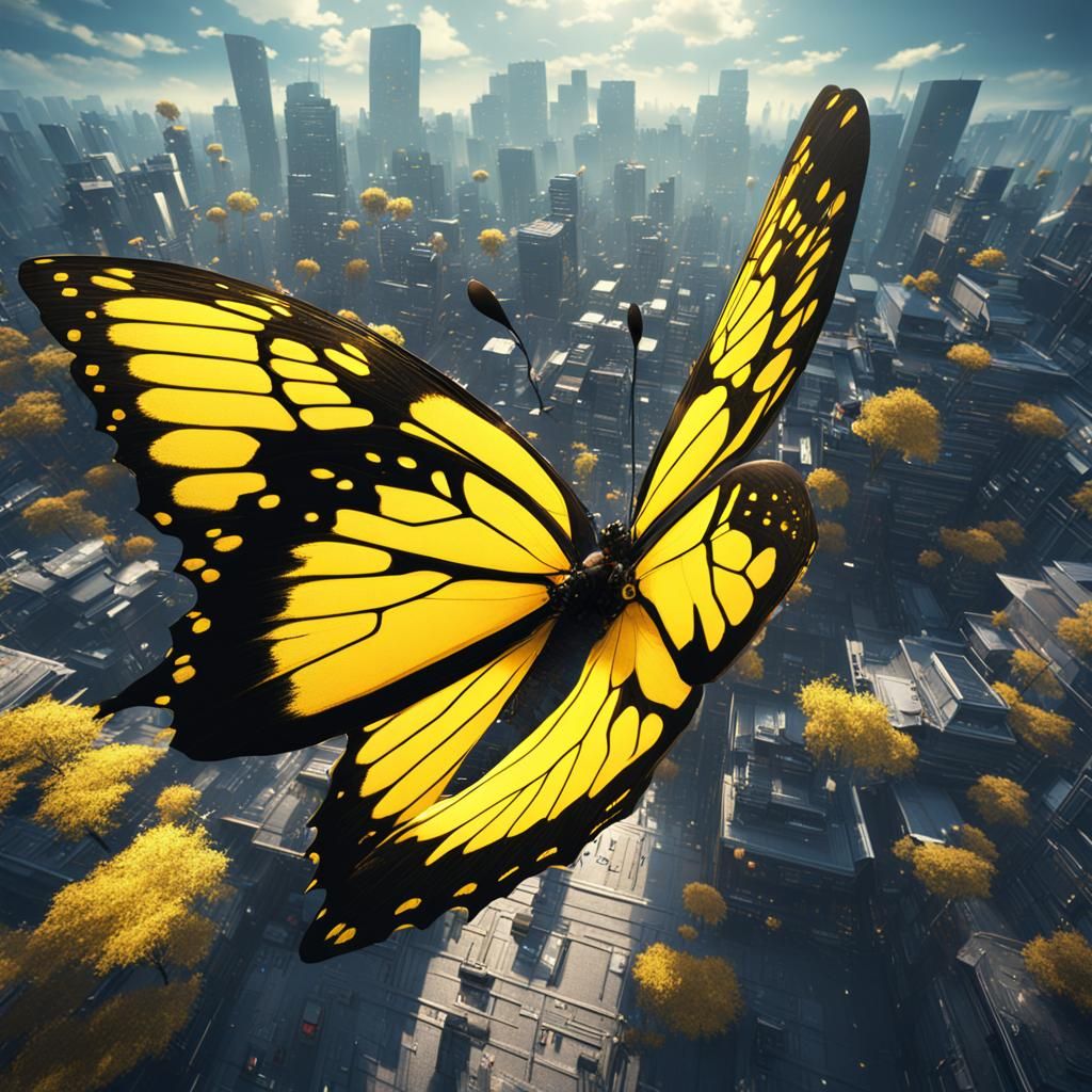Yellow Butterfly Flies Through Tokyo: Detailed Matte Paintin...