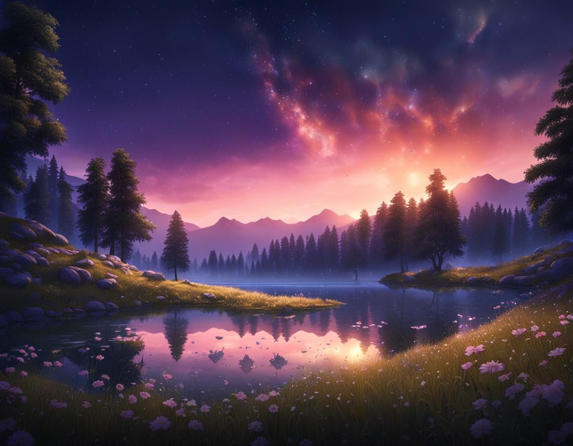 Night Meadow and Lake: Fantasy Concept Art