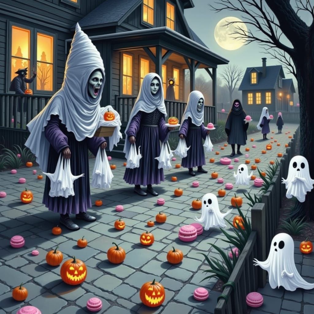 Children Trick-or-Treating for Glowing Candy on Spooky Hallo...