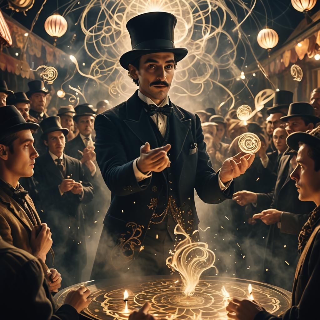 Magician Performs at Moonlit Carnival in Cinematic Style