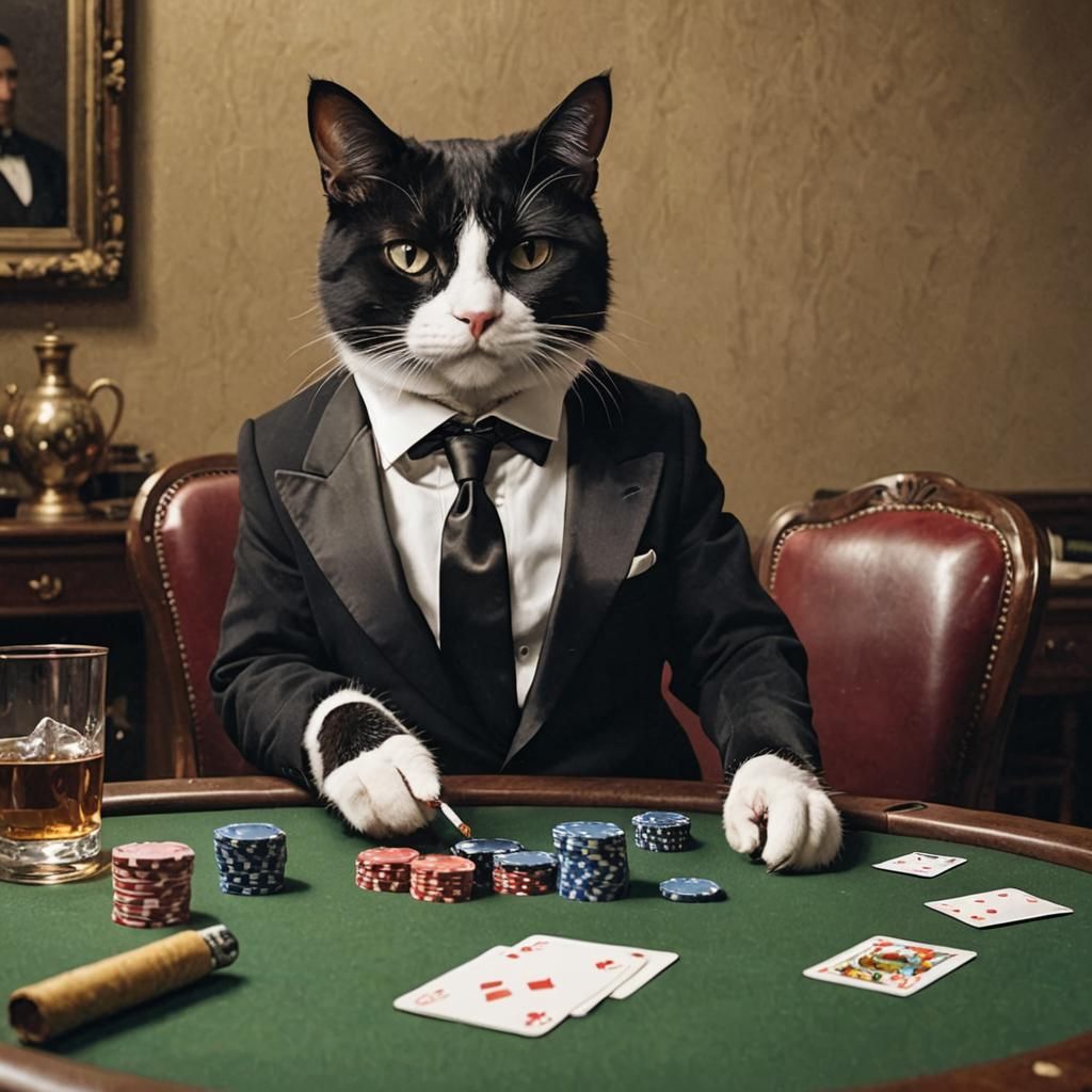 Tuxedo Cat Plays Poker, Smoking Cigarette