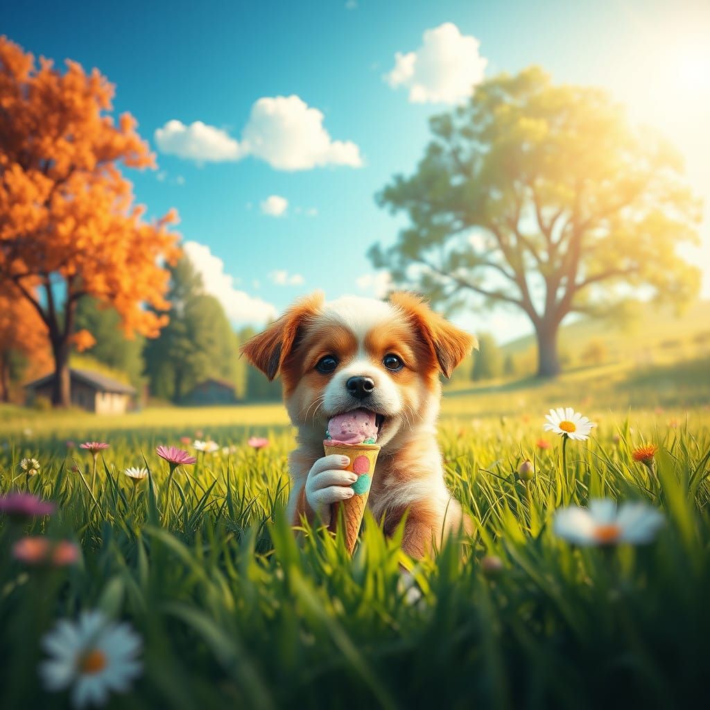 Surreal Puppy in Sunlit Meadow Delights in Colorful Ice Crea...