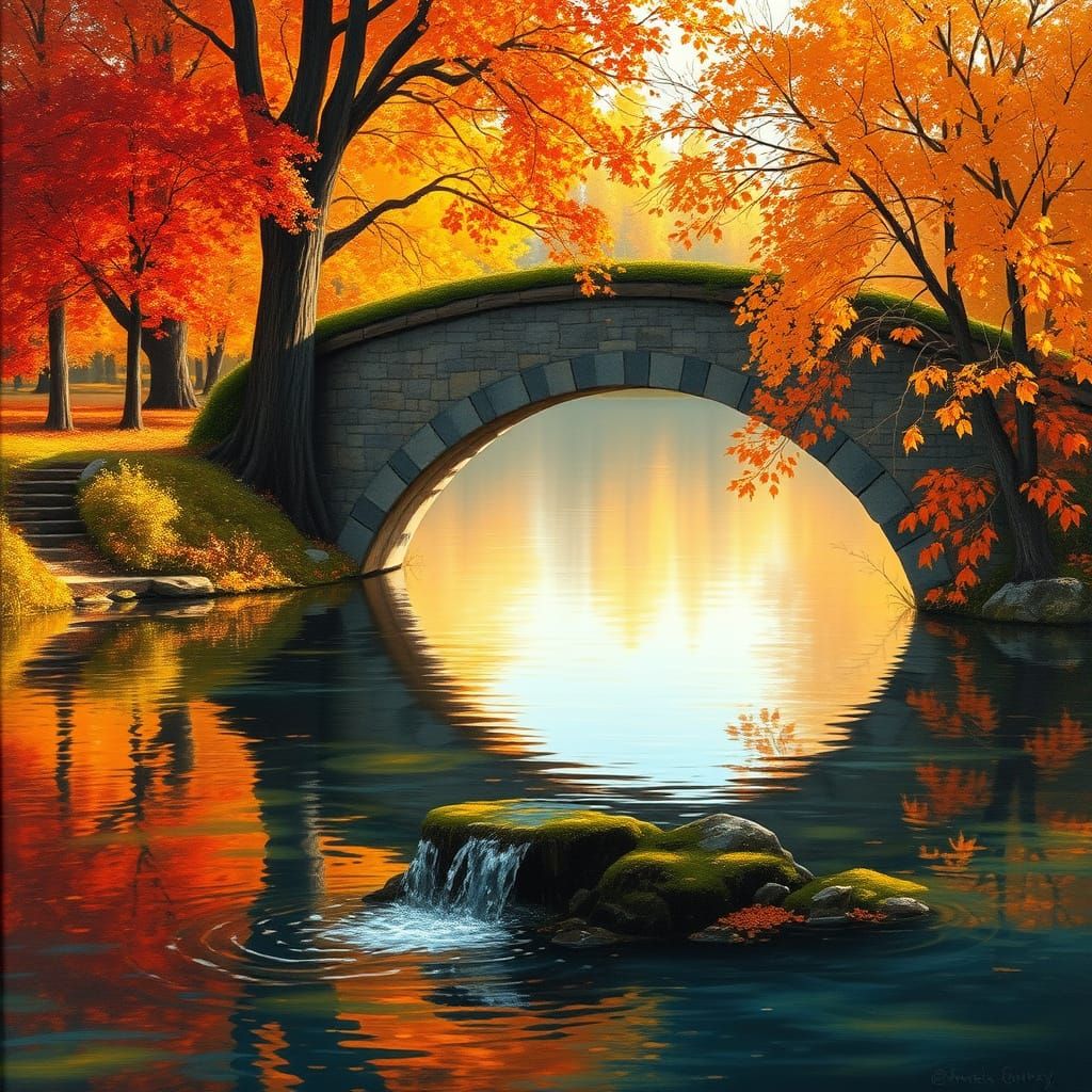 A breathtakingly vibrant landscape painting featuring a serene body of water reflecting the stunning autumn foliage, wit...