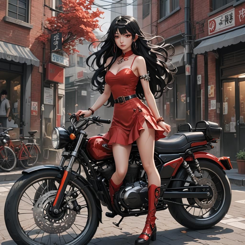 Anime Girl in Red Dress with Motorcycle, 3D Art