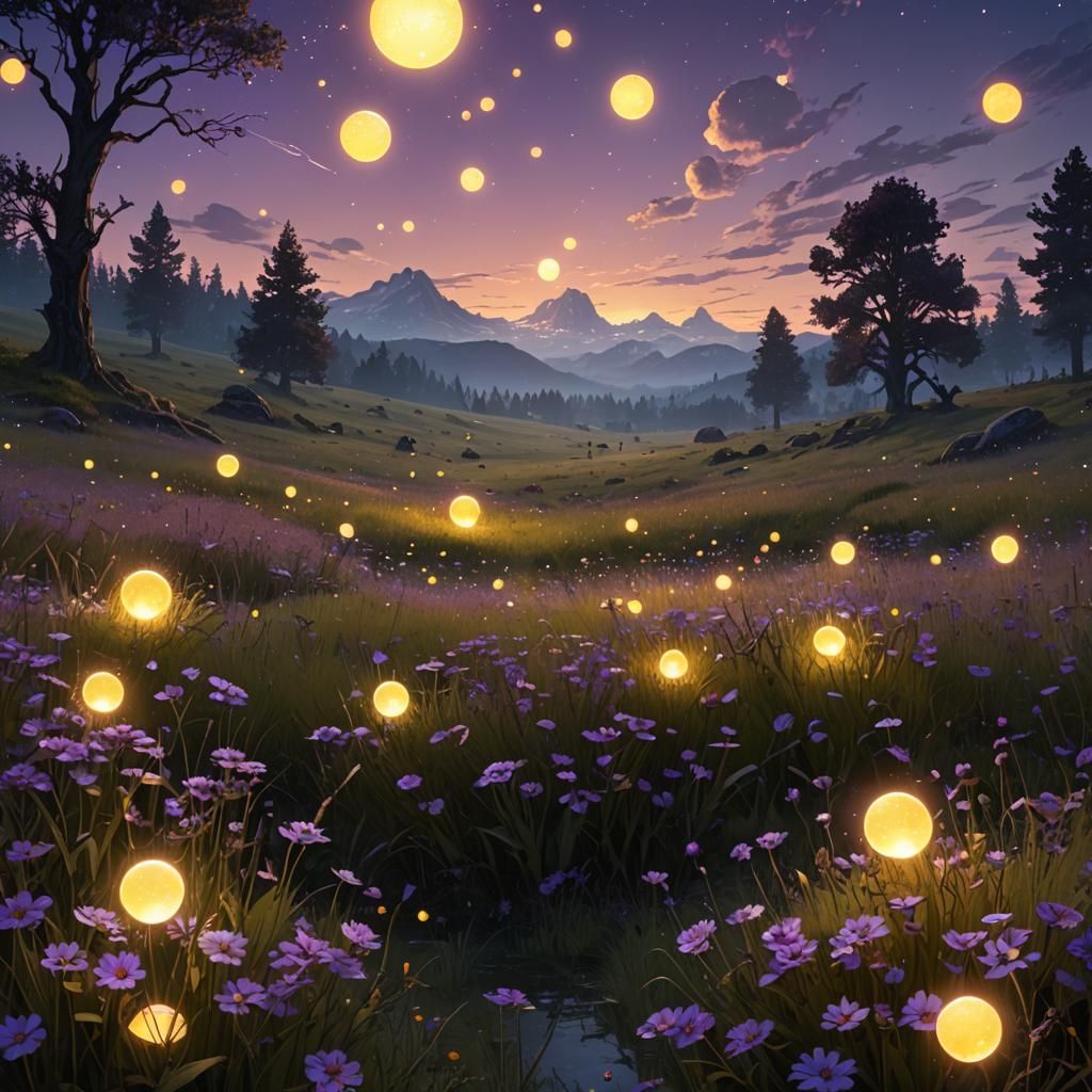 Twilight Meadow with Glowing Orbs, Dark Fantasy Art