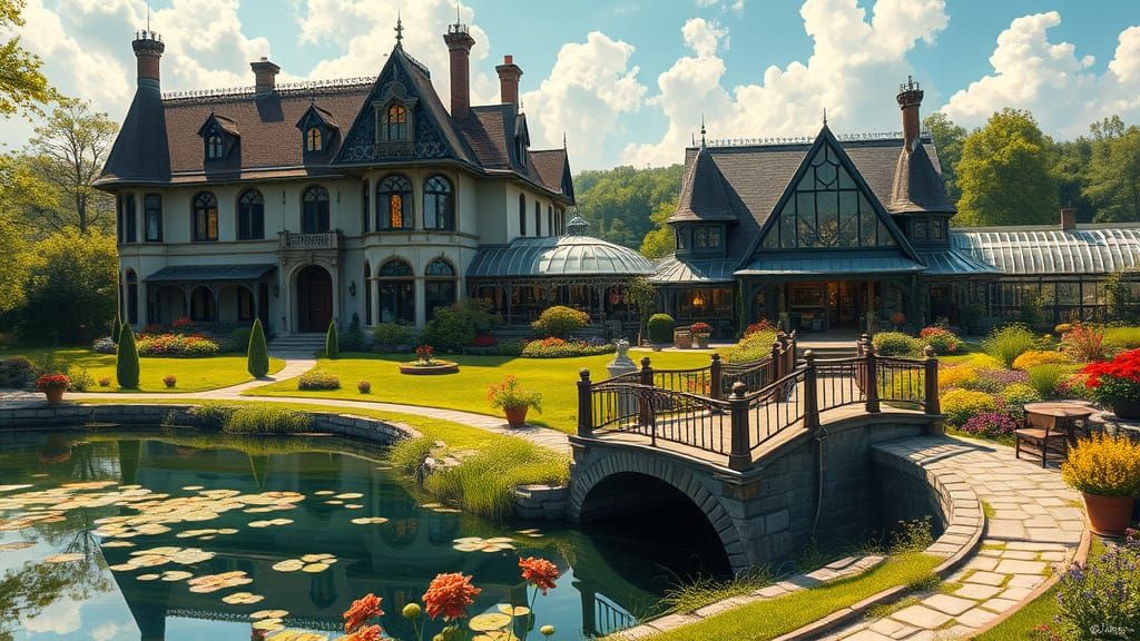 Elegant Victorian Mansion Beside Serene Coffee Shop Oasis