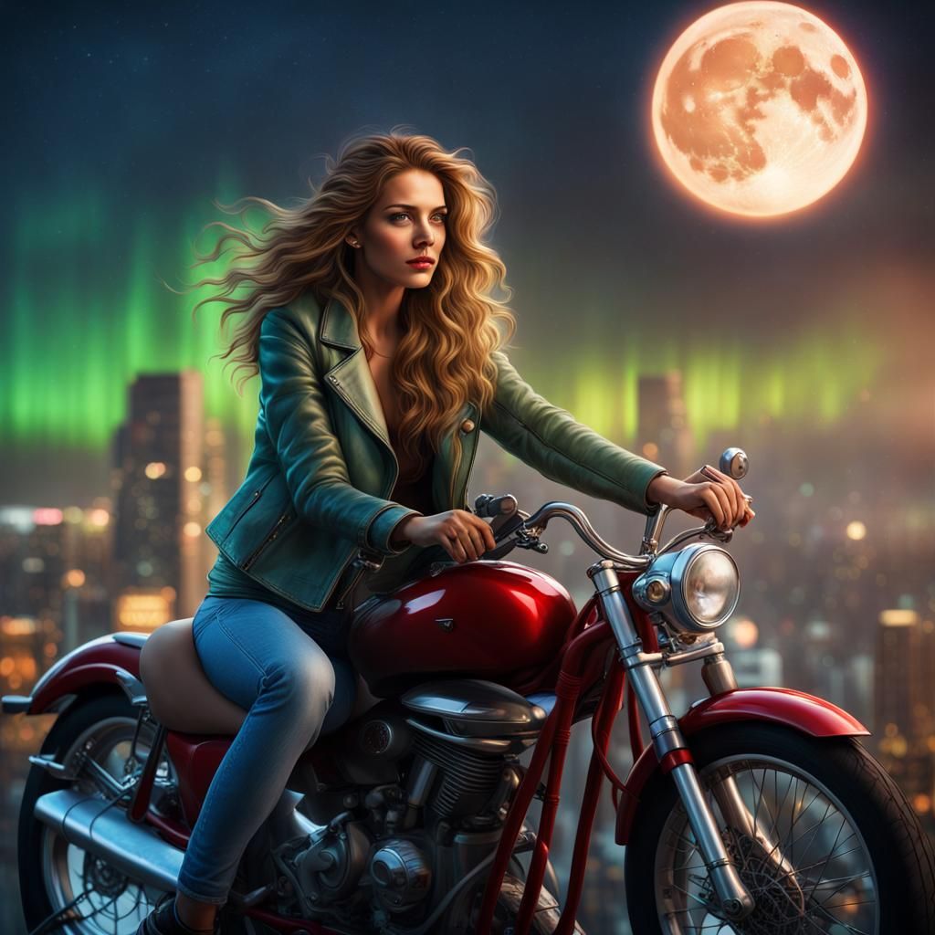 Woman on Motorcycle Gazing at Aurora in 8K