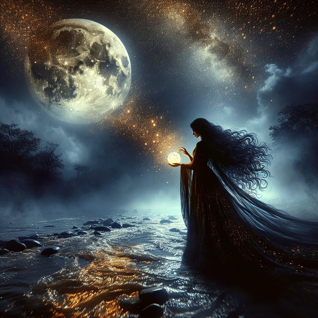 River Witch Performs Moonlit Ritual as Digital Art