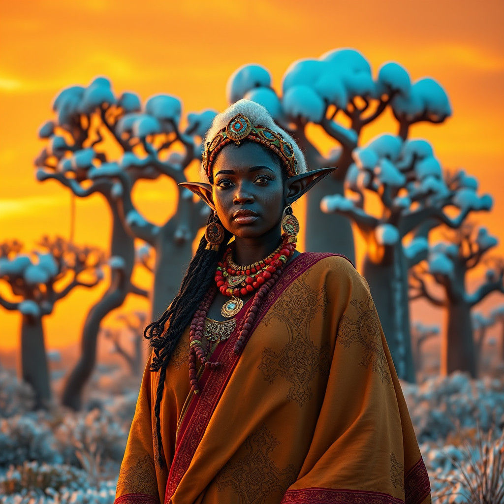 African Elf in Snowy Savannah, Digital Art