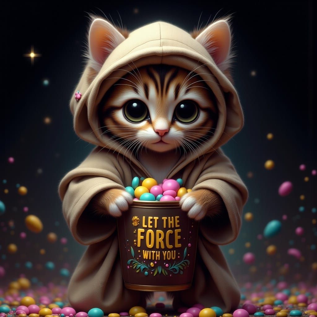 Kitten Jedi with Candy Bucket in Matte Painting Style