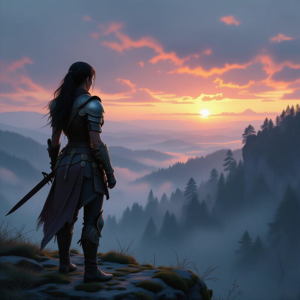 Warrior Woman Overlooks Ancient Forest at Sunset