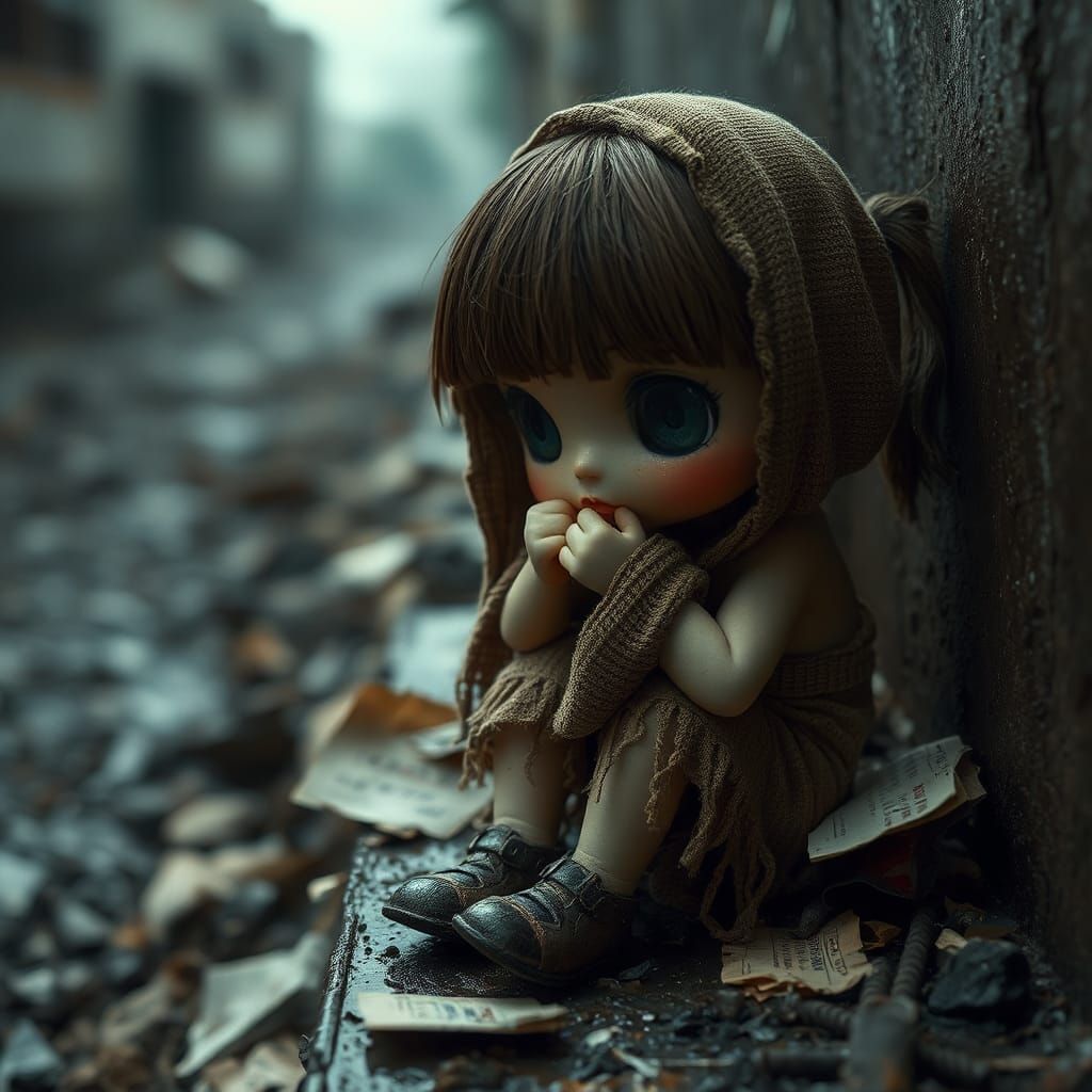 Despairing Chibi Doll in Gloomy, Rainy Alley