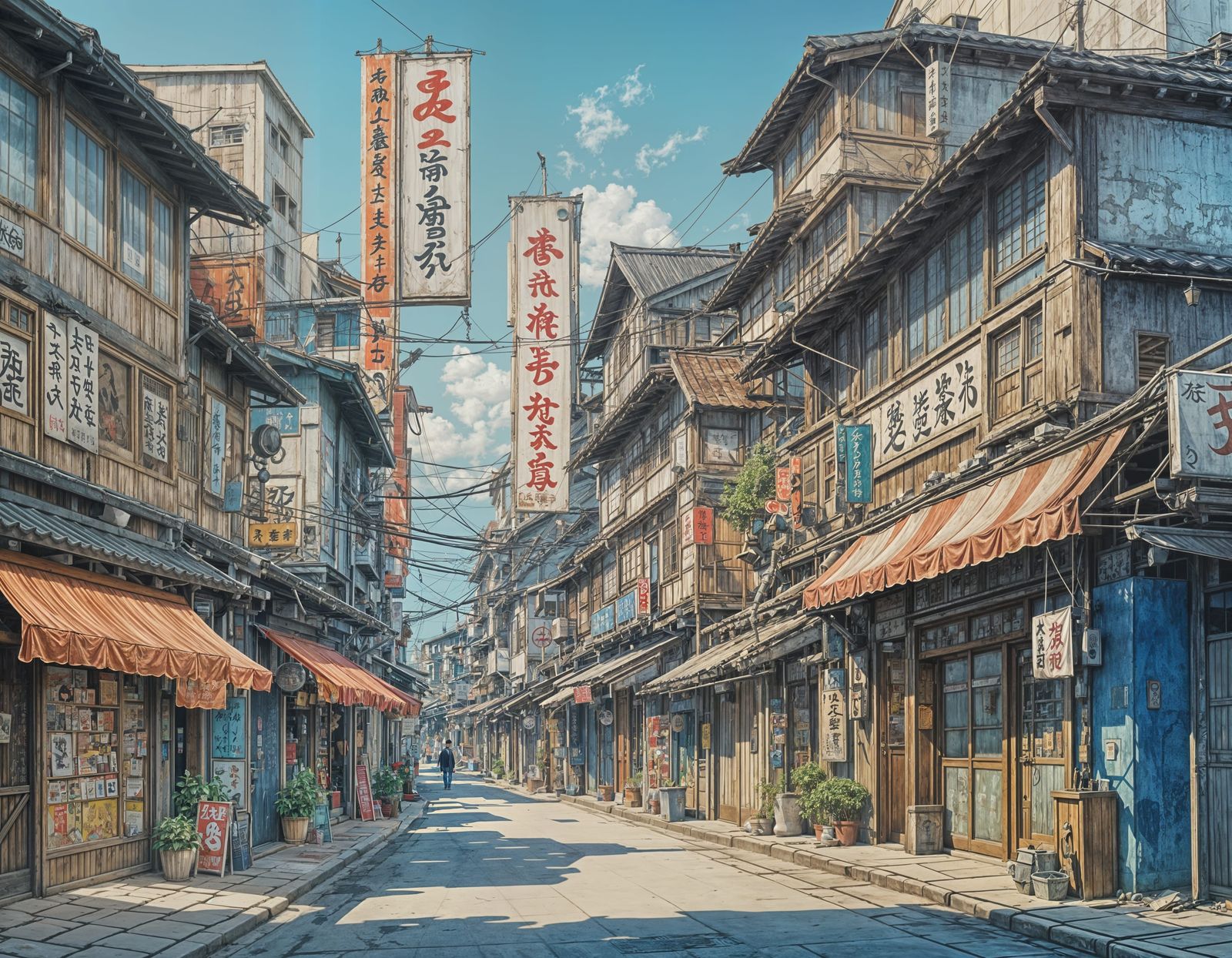 Japanese Fishing Village Street in Anime Style
