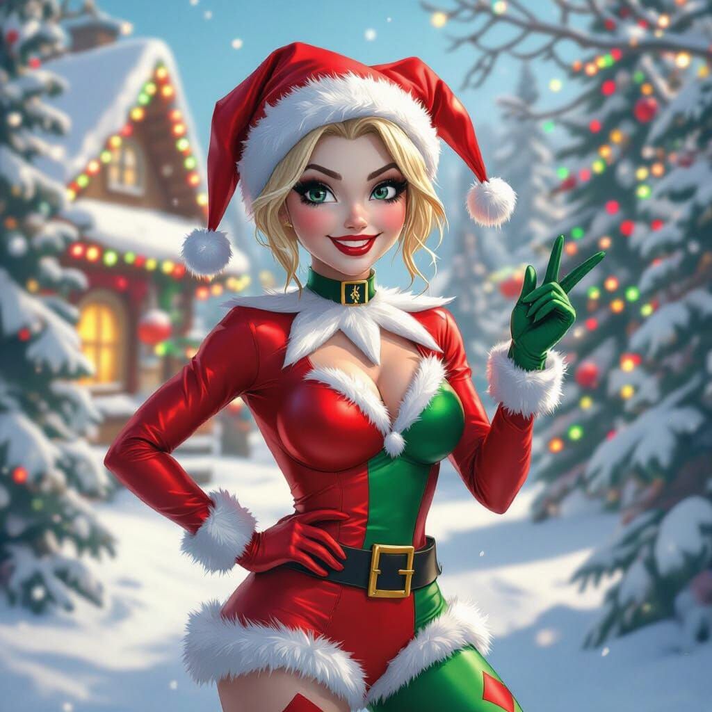 Harley Quinn Elf Visits Santa's Village in Vibrant 3D Style