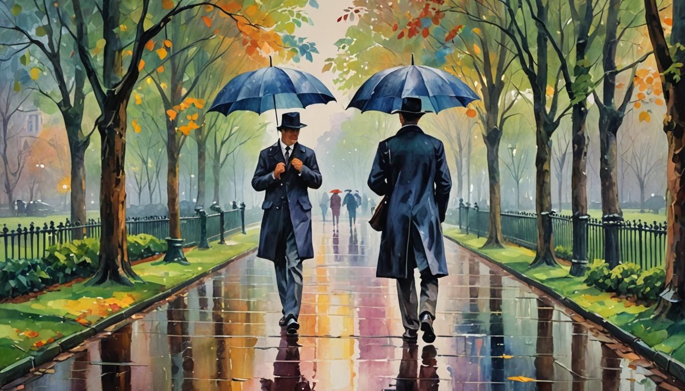 Rainy Park Walk: Neo-Impressionist Oil Painting