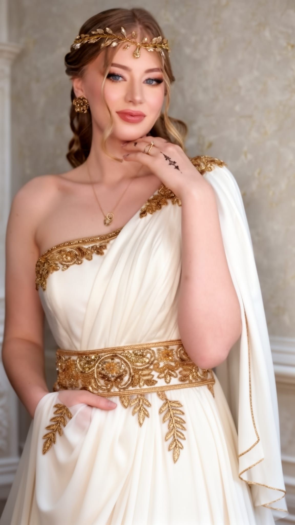 Grecian Goddess Inspired Couture Dress with Gold Embroidery