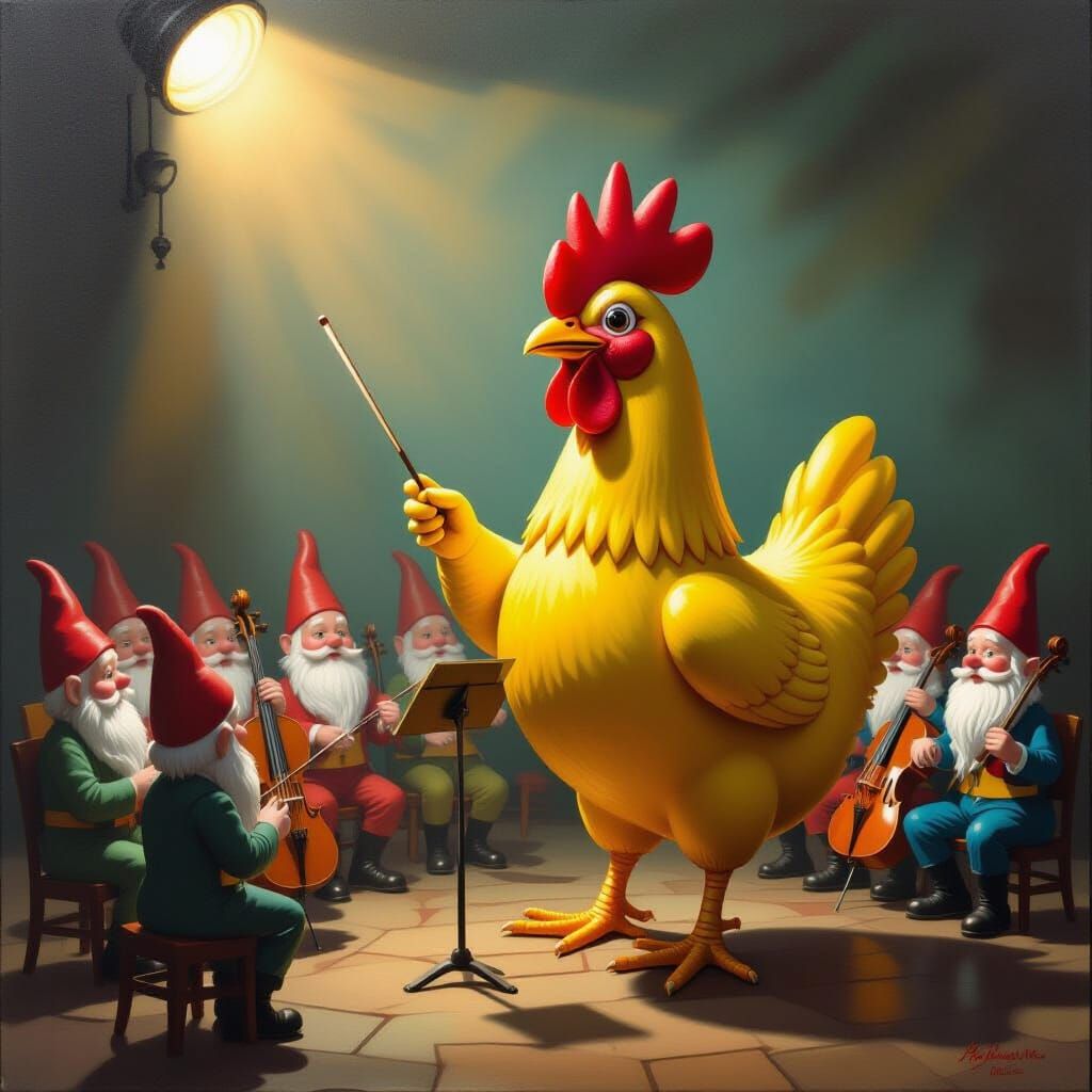 Surreal Oil Painting of Rubber Chicken Conducting Gnomes
