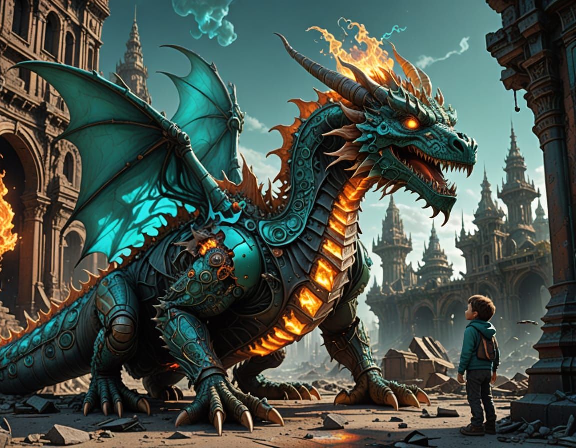 Biomechanical Dragon in Ruined City Fractal Art