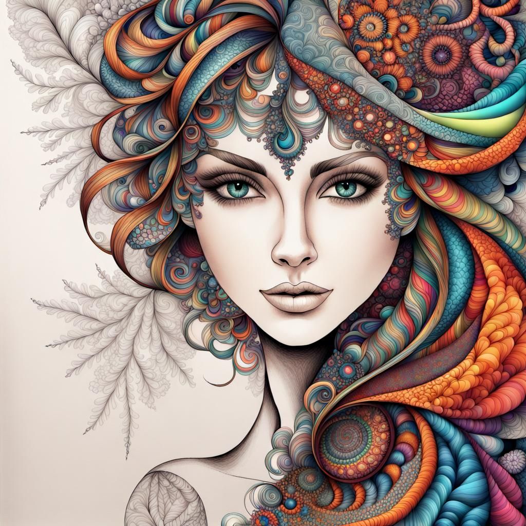 Colorful Fractal Zentangle of a Beautiful Woman