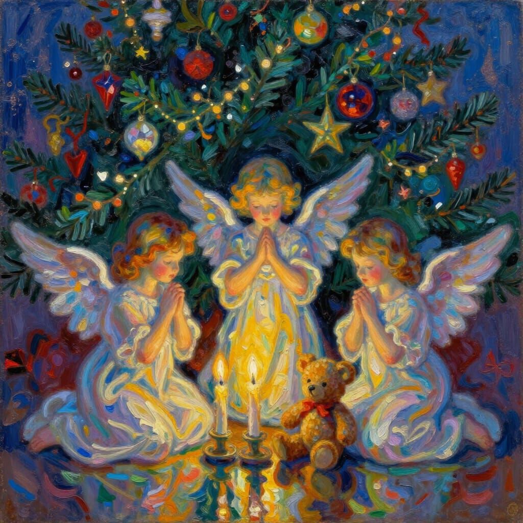 Angels and Teddy Bear Christmas Still Life Painting