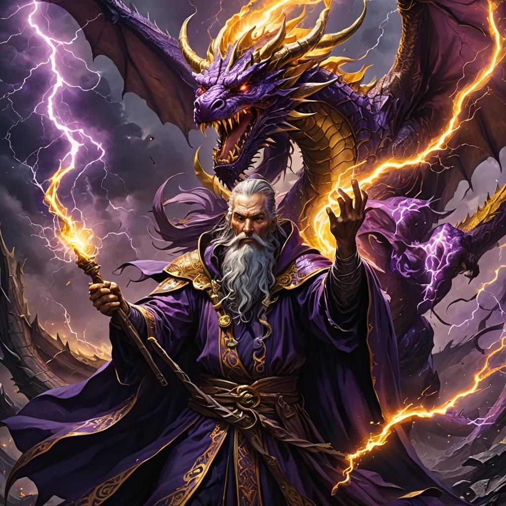 Wizard Powers Dragon with Lightning: Dark Fantasy Art