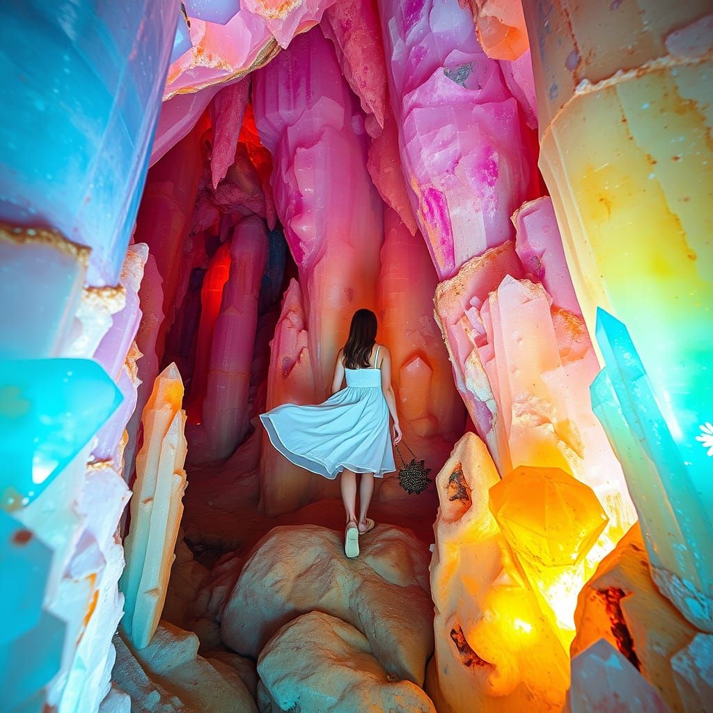 Girl in Vibrant Crystal Cave in Ethereal Style