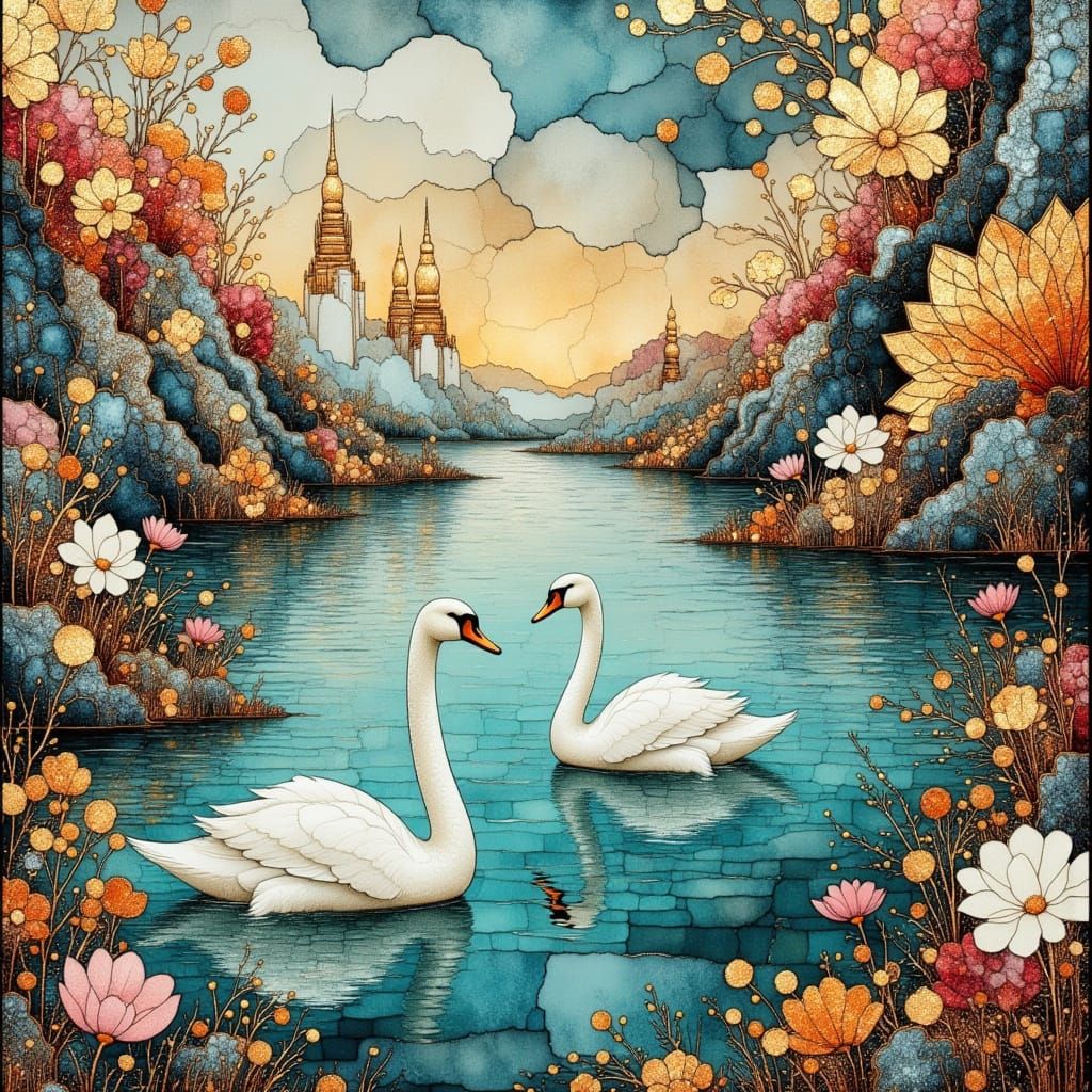 Epic Fantasy Lake Scene with Rainbow Blooms, Majestic Temple...