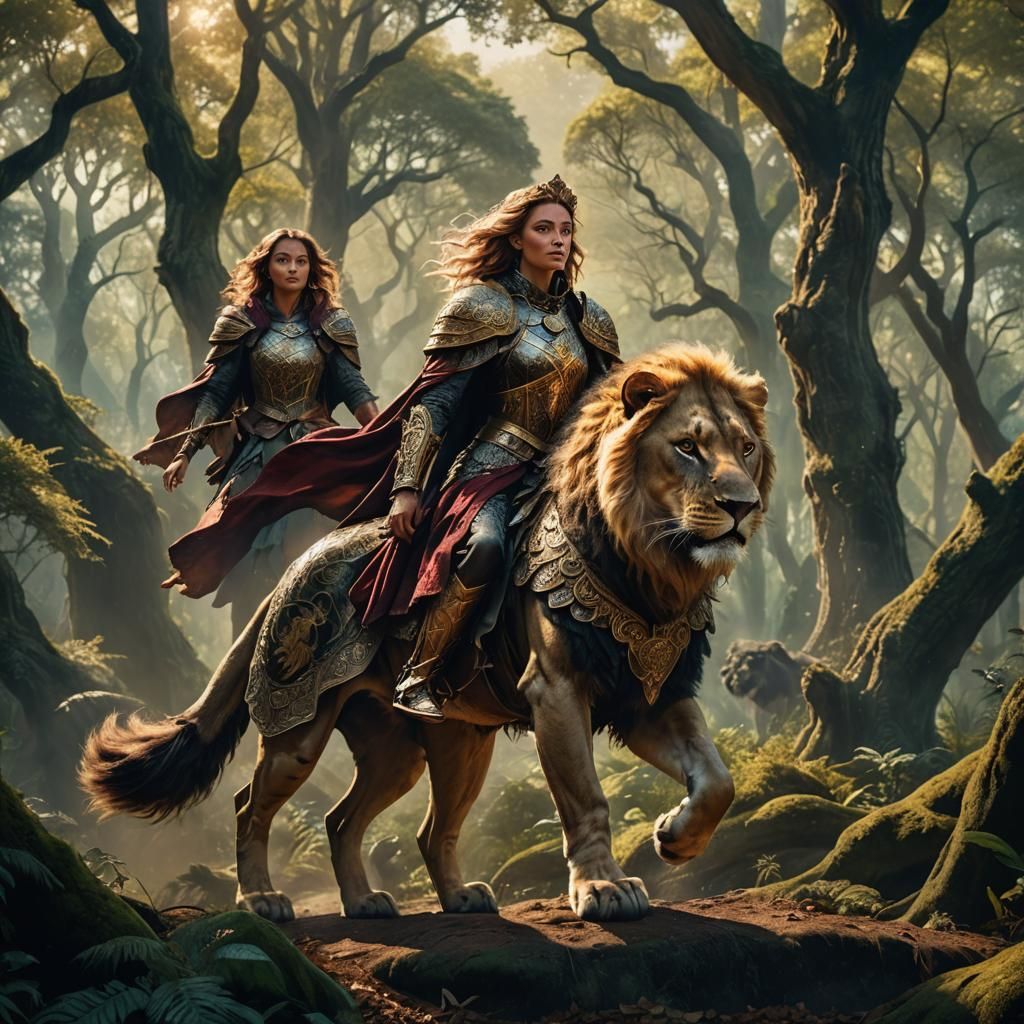 Woman Rides Lion Through Mystical Forest