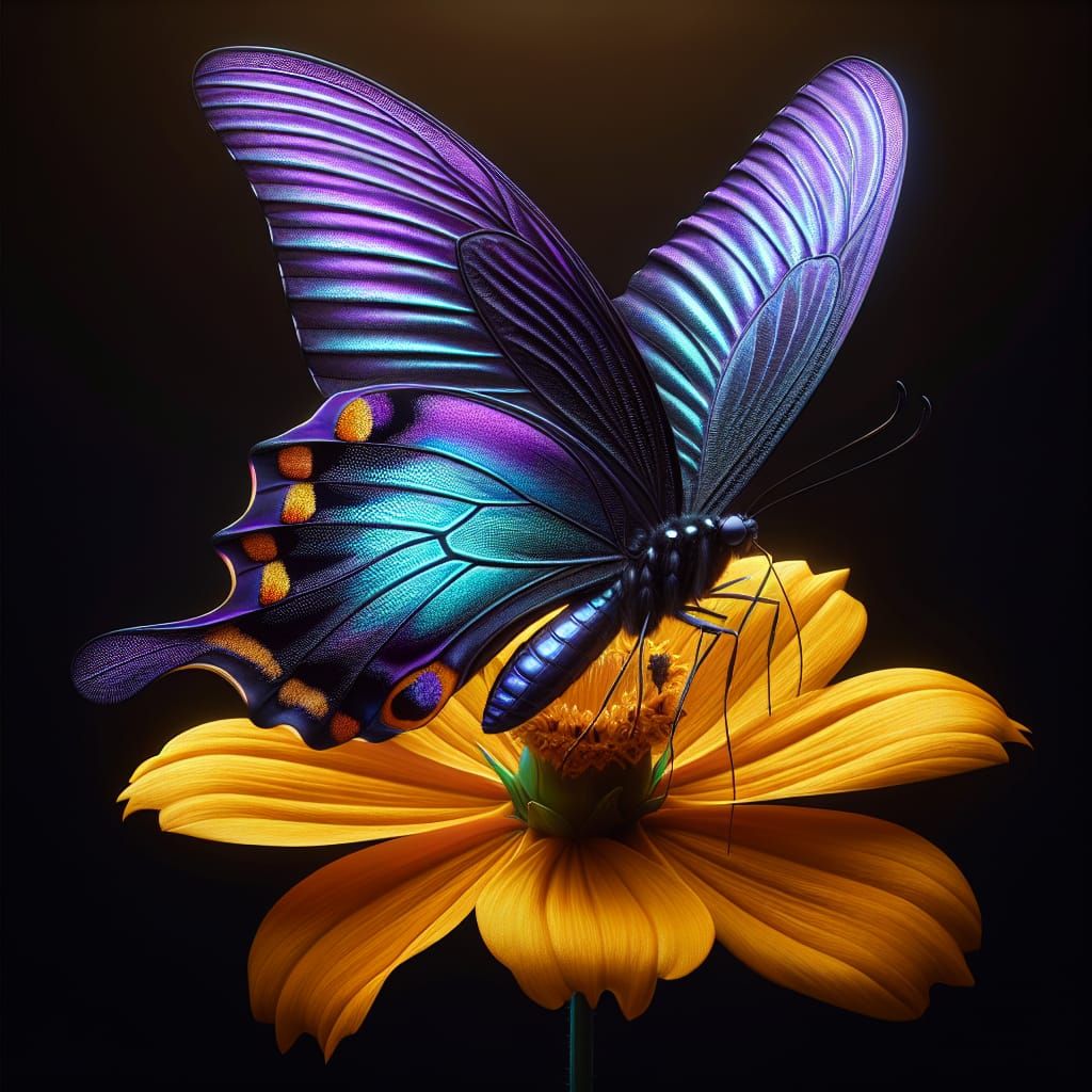 Iridescent Swallowtail Butterfly on Yellow Flower, Hyperreal...