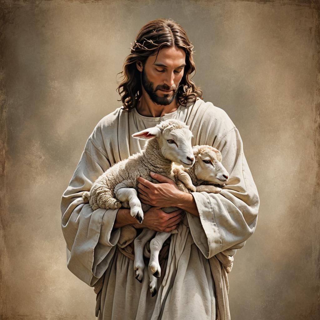 Jesus Christ Caring for a Lamb