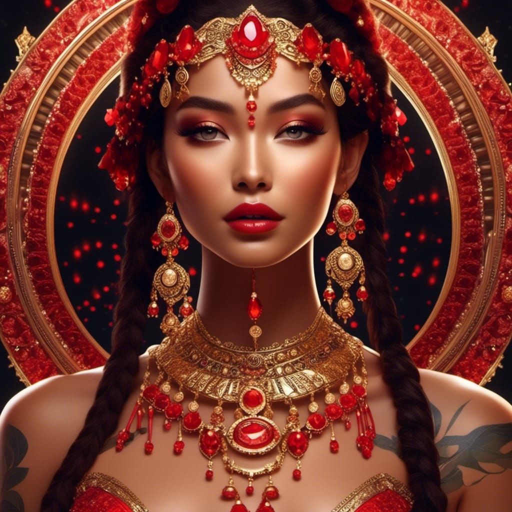 Exotic Beauty with Red and Gold Ornaments