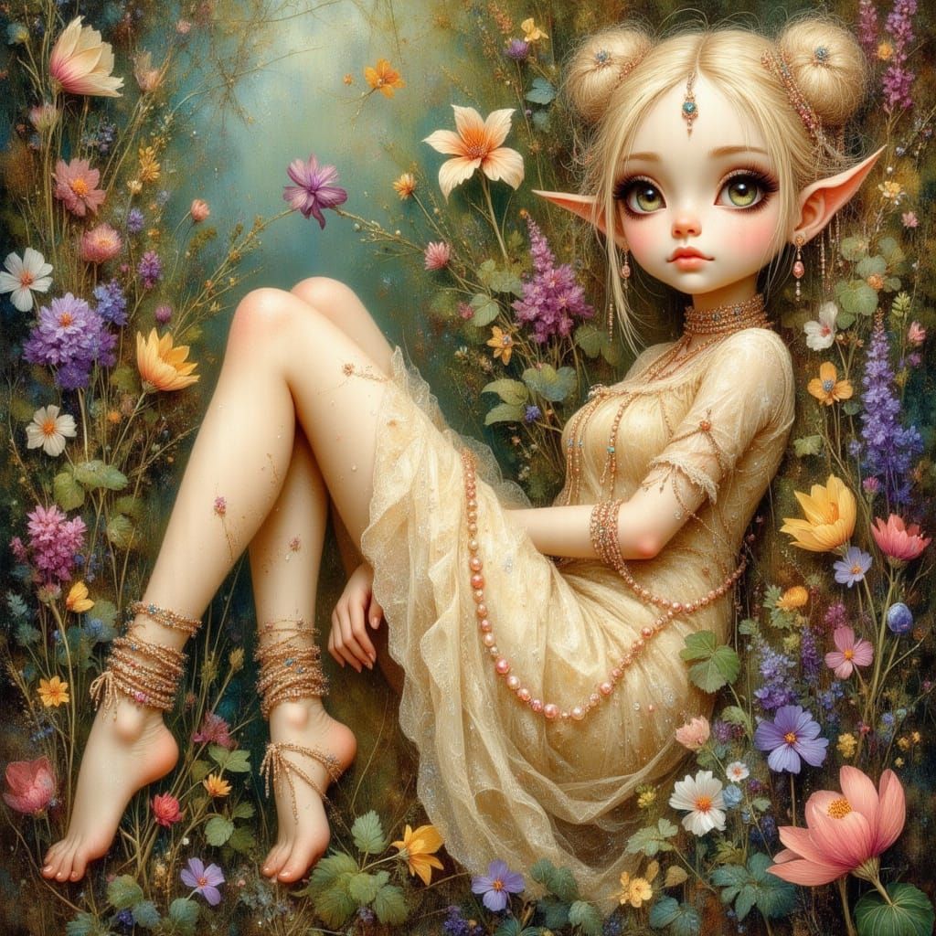 Tim Burton Style Woman on Glittered Green Grass