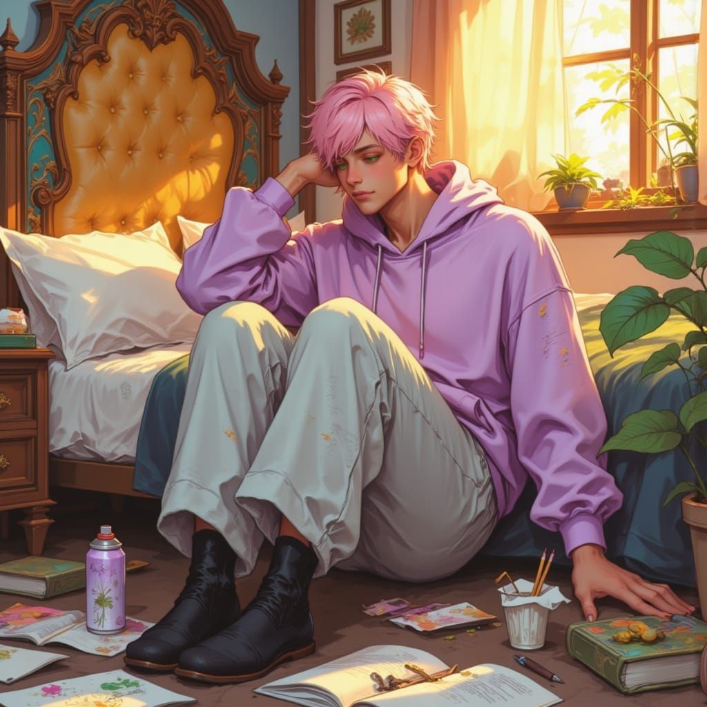 Androgynous Artist in Art Nouveau-Inspired Sanctuary