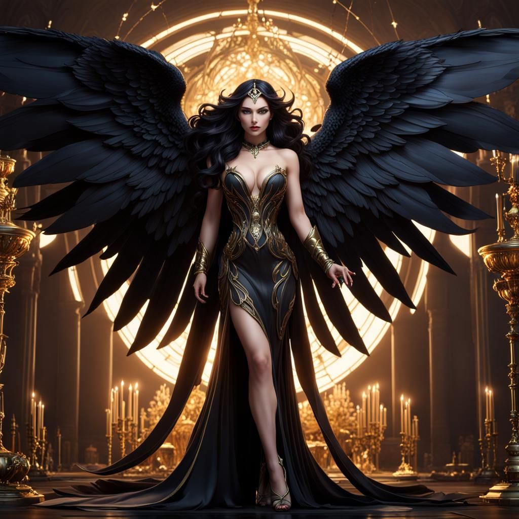 Evil Goddess with Black Wings in Anime Style