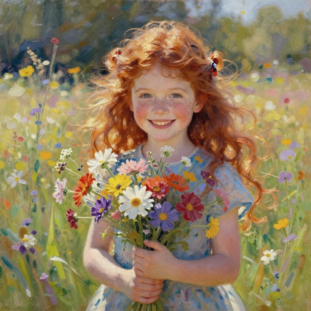 Redhead Girl Smiling in Flower Meadow Oil Painting