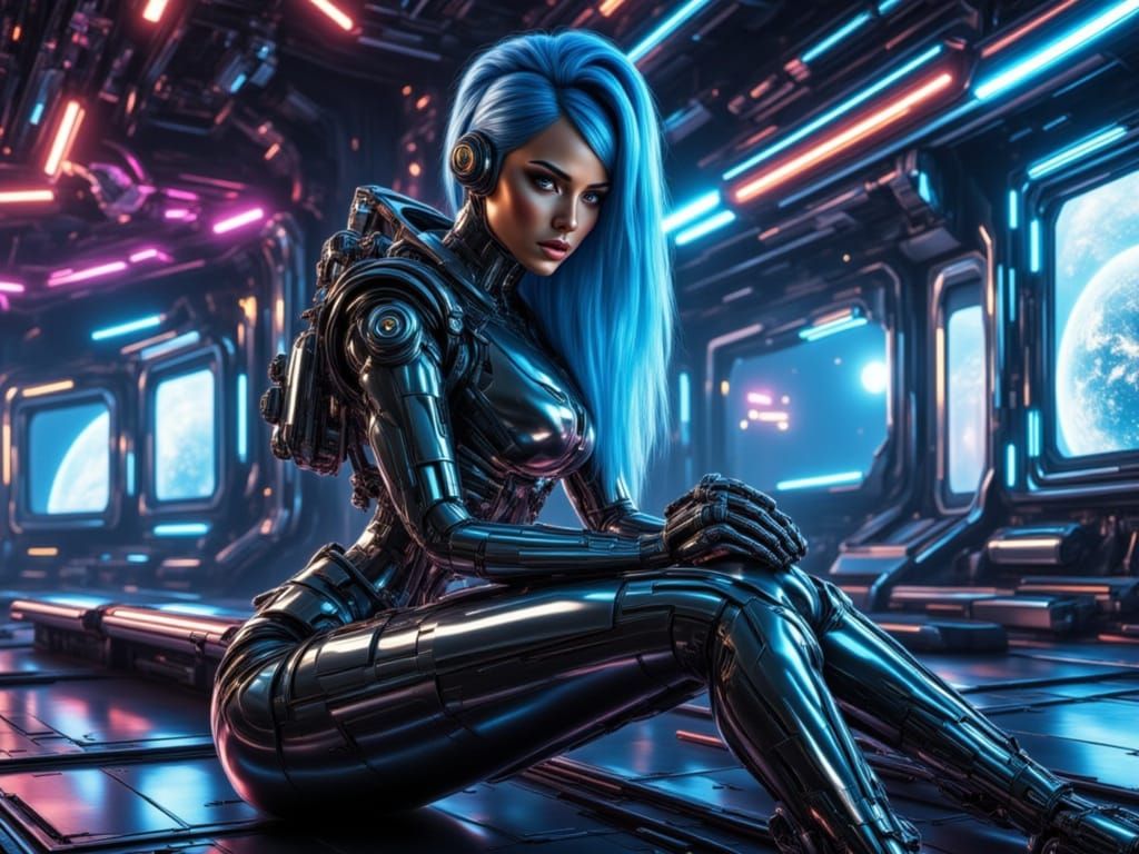 Futuristic Woman With Blue Hair In Silver Jumpsuit