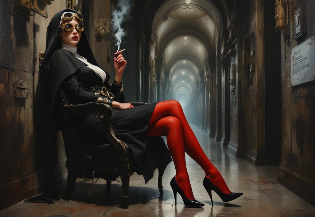 Steampunk Nun in Cathedral: Oil Painting