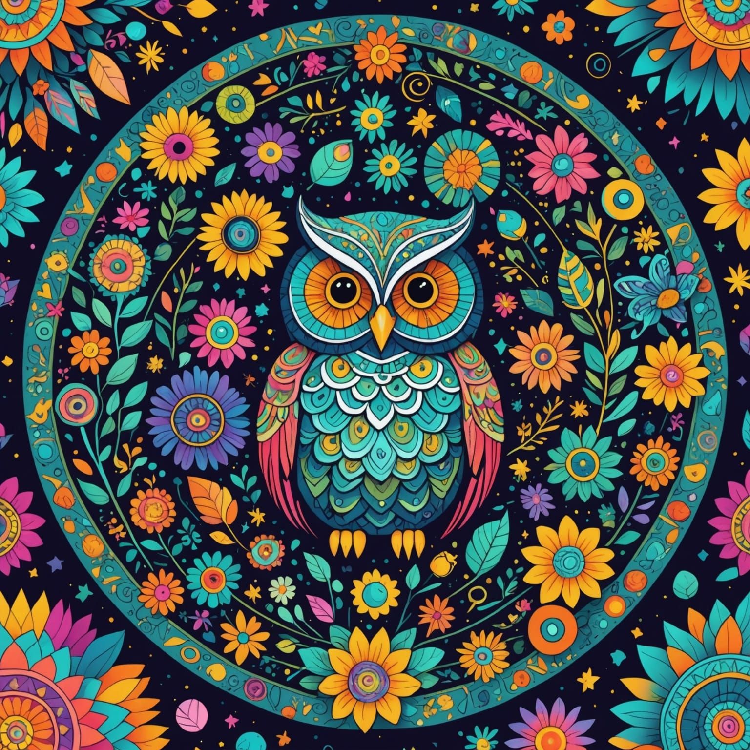 Doodle Meadow with Owls in Mandala Style