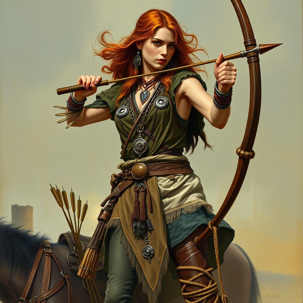 Celtic Warrior Woman with Bow, Frazetta Style