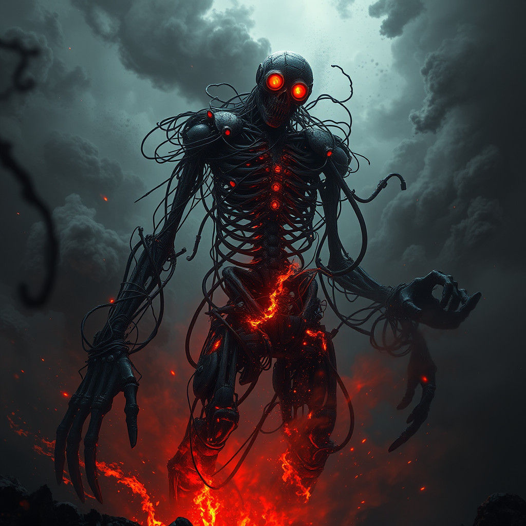 Menacing Robot Emerges from Smoke in Matte Painting Style