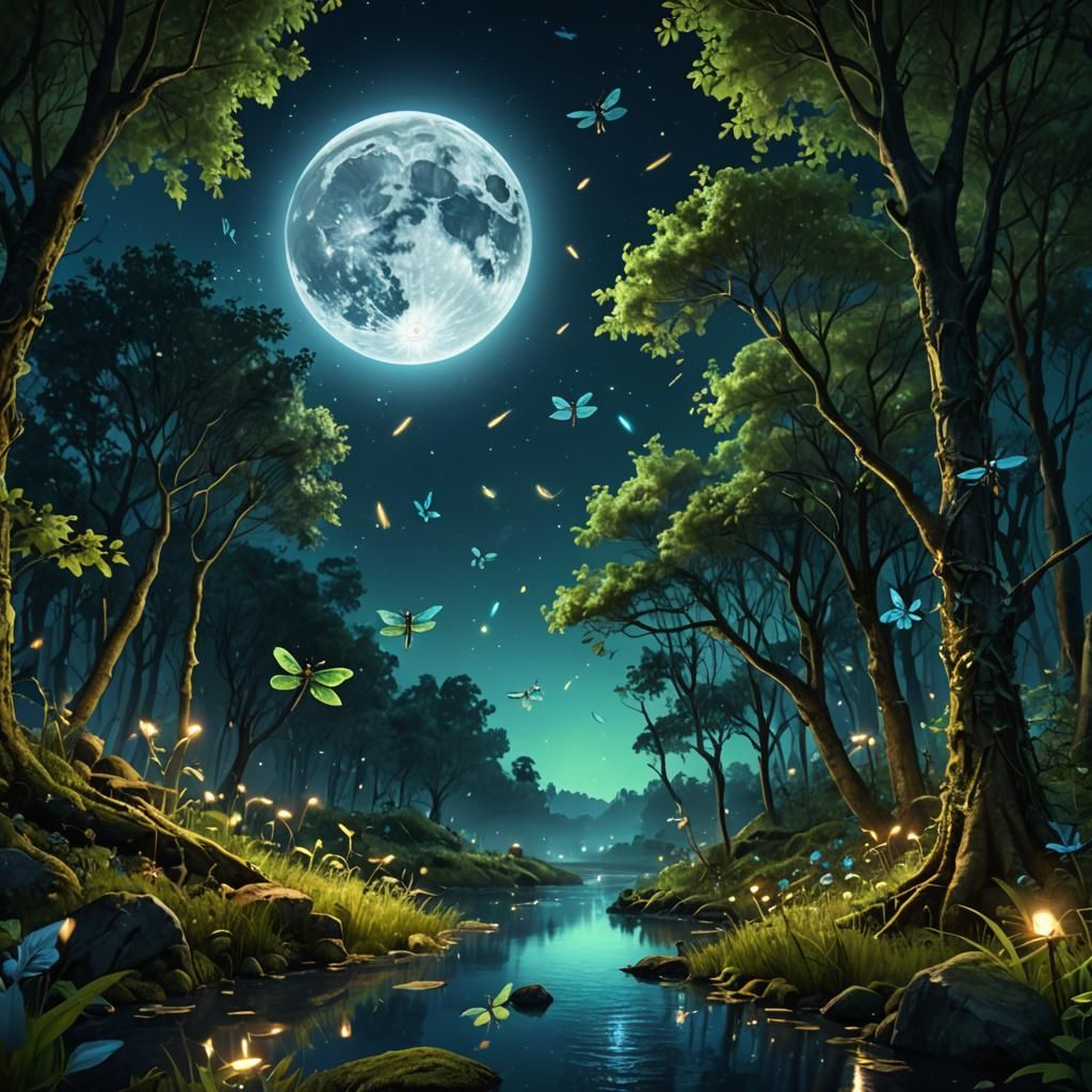 Enchanted Forest with Fireflies and Fairies