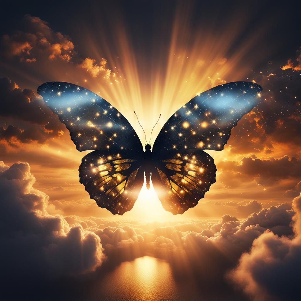 Mystical Butterfly with Glittering Wings at Sunset