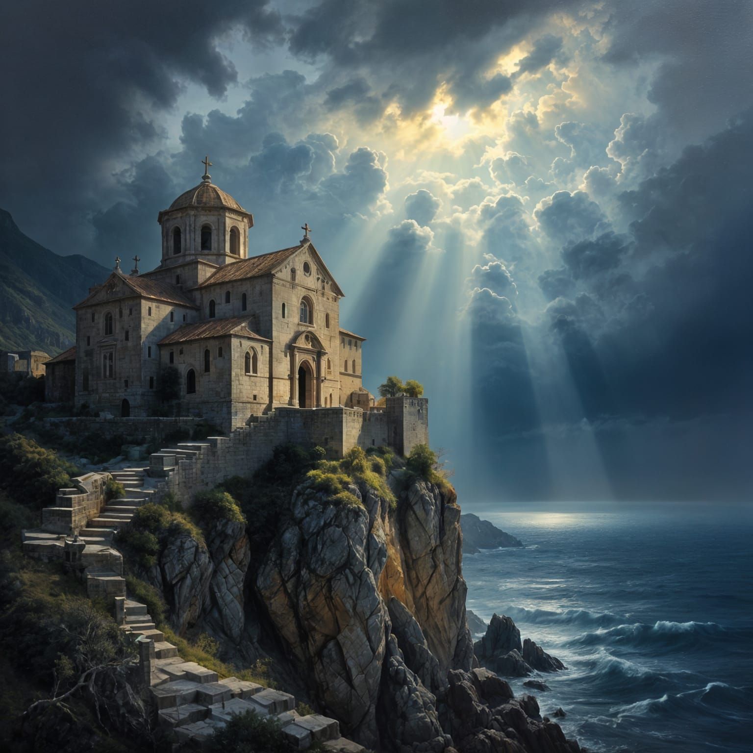 Ancient Monastery on Cliff in Dramatic Storm Light