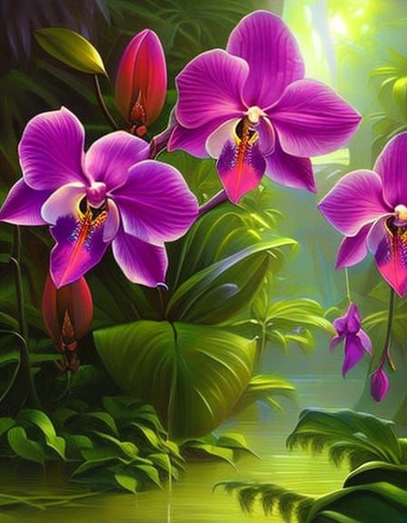 Glowing Crystal Orchids in Oil Painting Style