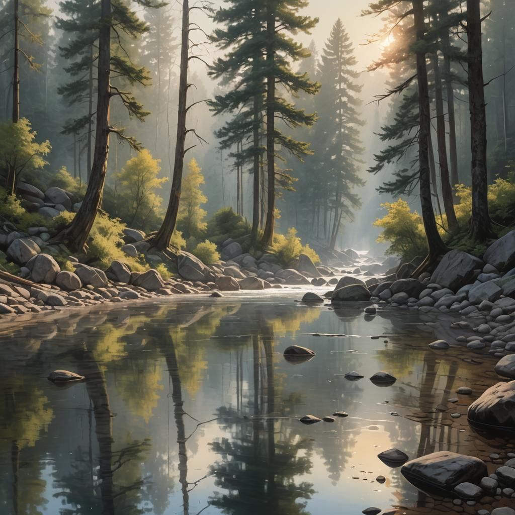 Serene River Landscape with Misty Mountains