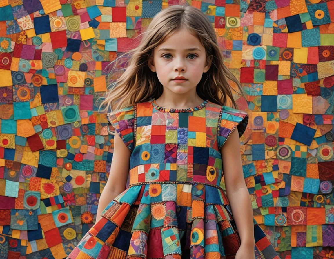 Patchwork Girl in a Whimsical Mosaic World
