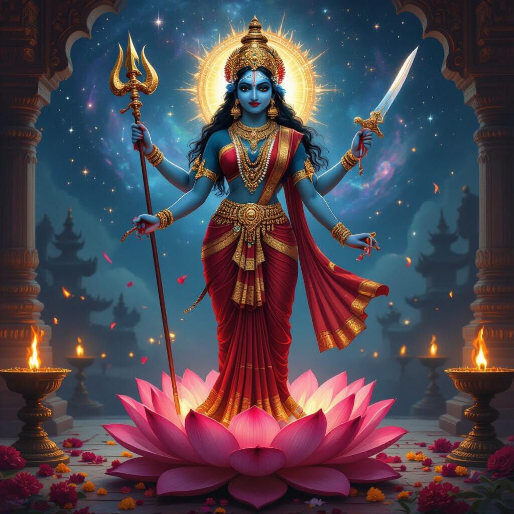 Mata Kali in Temple with Cosmic Sky