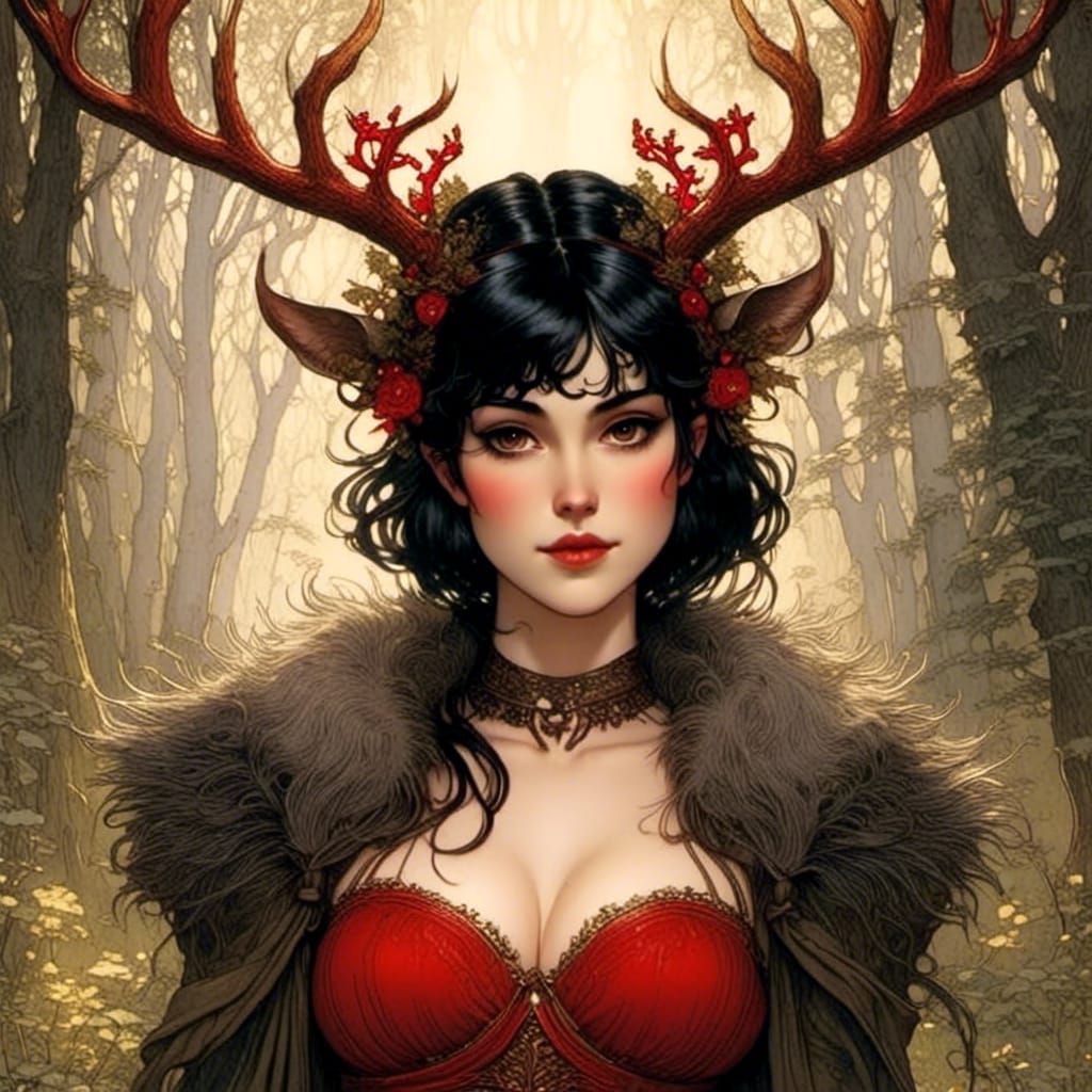 Antlered Woman with Red Eyes in Comic Style