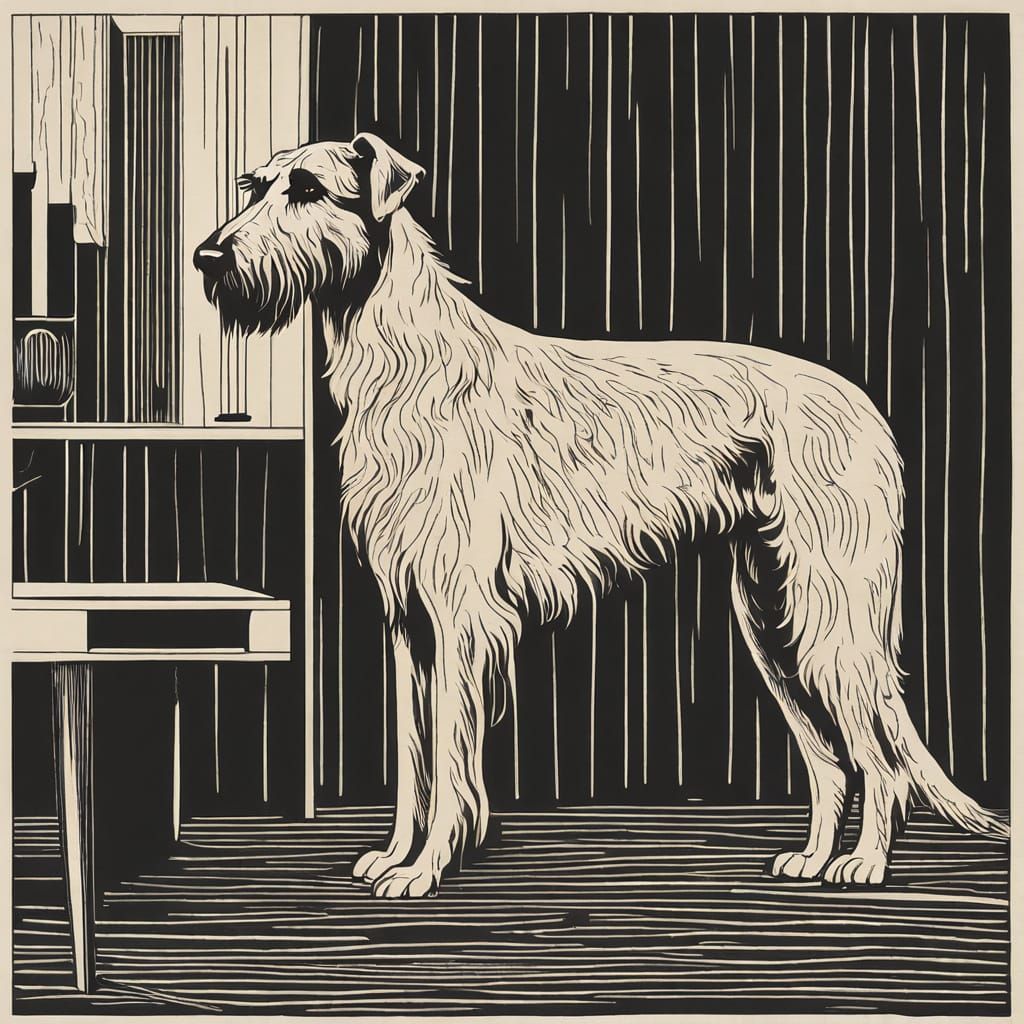 Minimalist Woodcut of Irish Wolfhound in 1920s Apartment